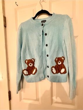 Light Blue Teddy Patch Button-Up Cardigan Sweater
